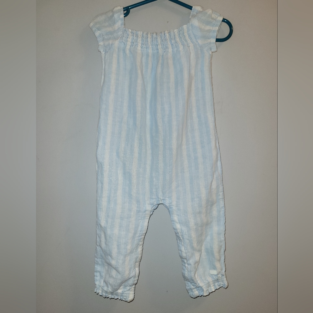 💙 7 For All Mankind Blue White Striped Ruched Toddler Romper Jumpsuit Outfit